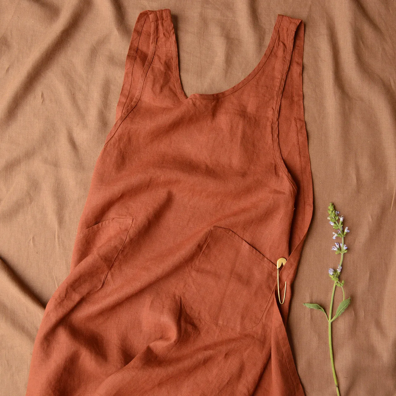 Women's Linen Cross Wrap Apron Dress - Red Ochre *Last One!
