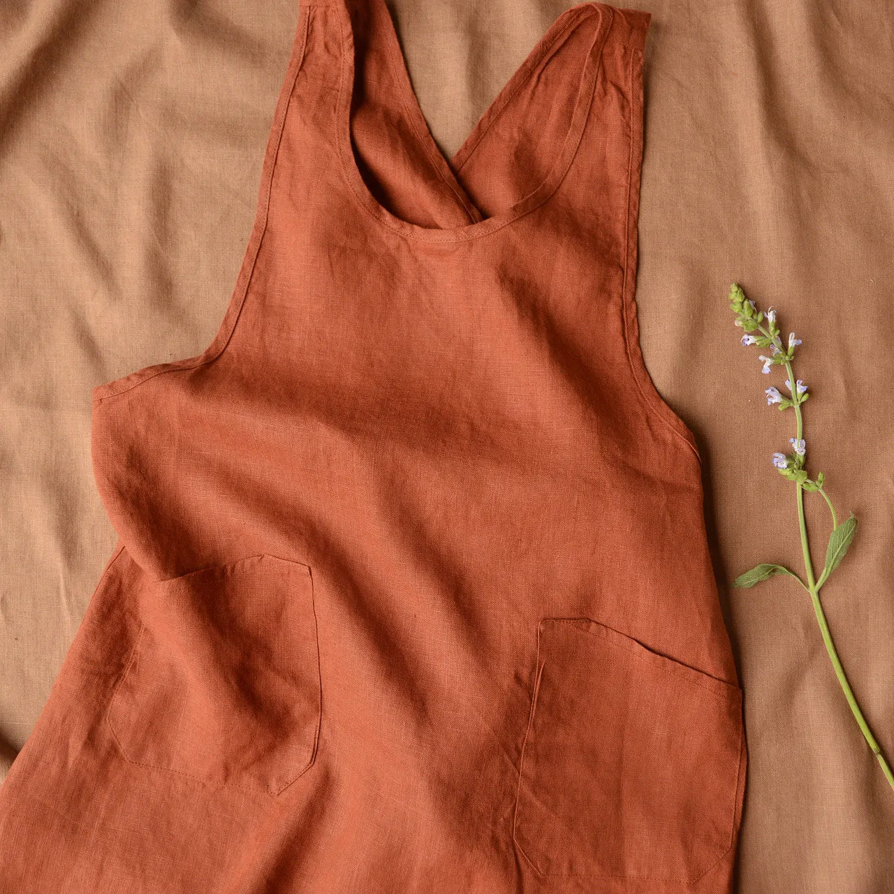 Women's Linen Cross Wrap Apron Dress - Red Ochre *Last One!