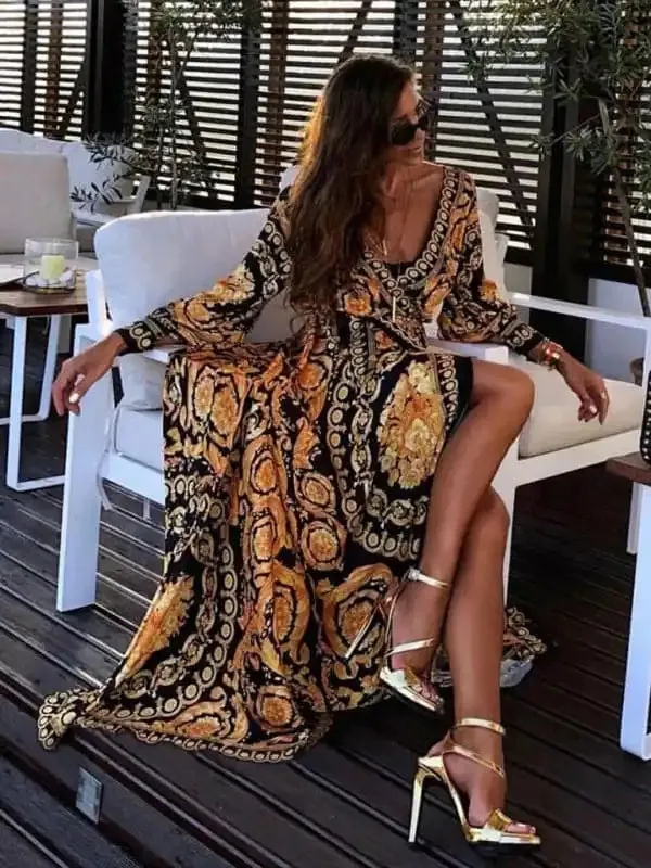 Women’s Print Long Sleeve Wrap Maxi Dress