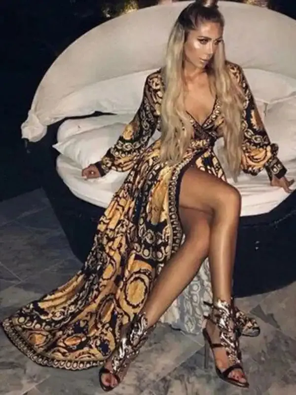 Women’s Print Long Sleeve Wrap Maxi Dress