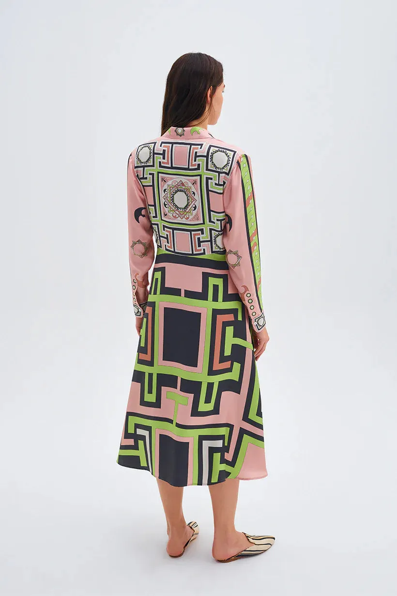 Zeugma Geometric Pattern Silk Midi Dress - Pink   Green