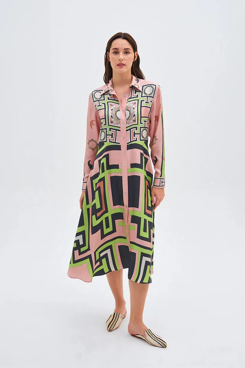 Zeugma Geometric Pattern Silk Midi Dress - Pink   Green