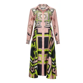Zeugma Geometric Pattern Silk Midi Dress - Pink   Green