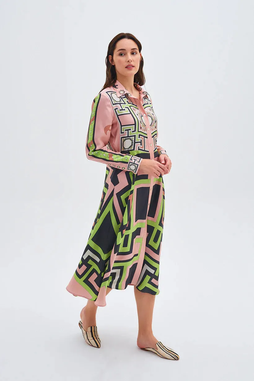 Zeugma Geometric Pattern Silk Midi Dress - Pink   Green