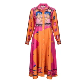 Zeugma Geometric Pattern Silk Midi Dress - Pink   Orange