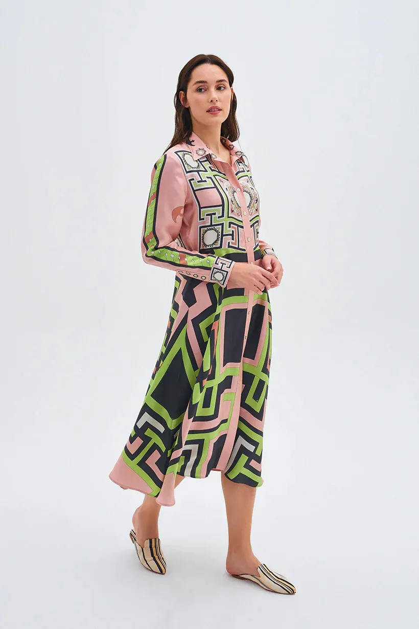 Zeugma Geometric Pattern Silk Midi Dress - Pink   Orange