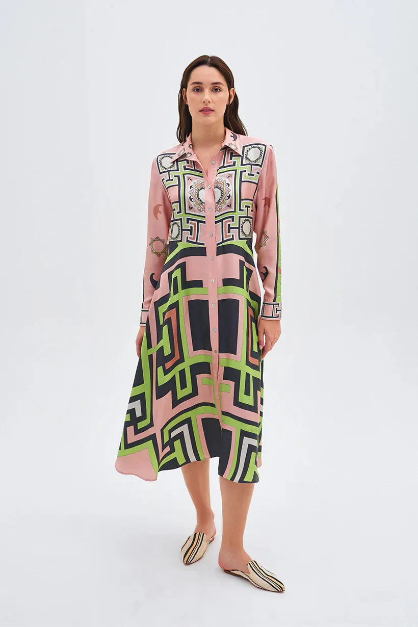 Zeugma Geometric Pattern Silk Midi Dress - Pink   Orange